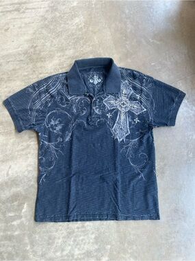 Affliction Black Polo with Silver Gray Cross & Scroll Graphic